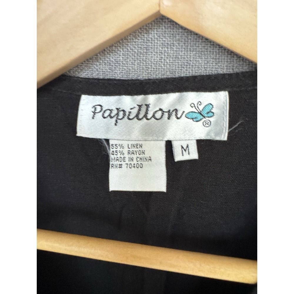 Linen Blend Tops Size M Black Embroidered Tropical Parrots Beach Tank Button VTG - Picture 5 of 11